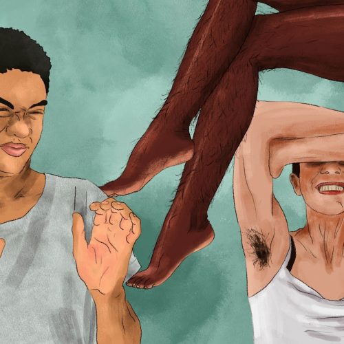 Illustration of a man looking disgusted at two women's body hair for an article about hair removal stigmas.