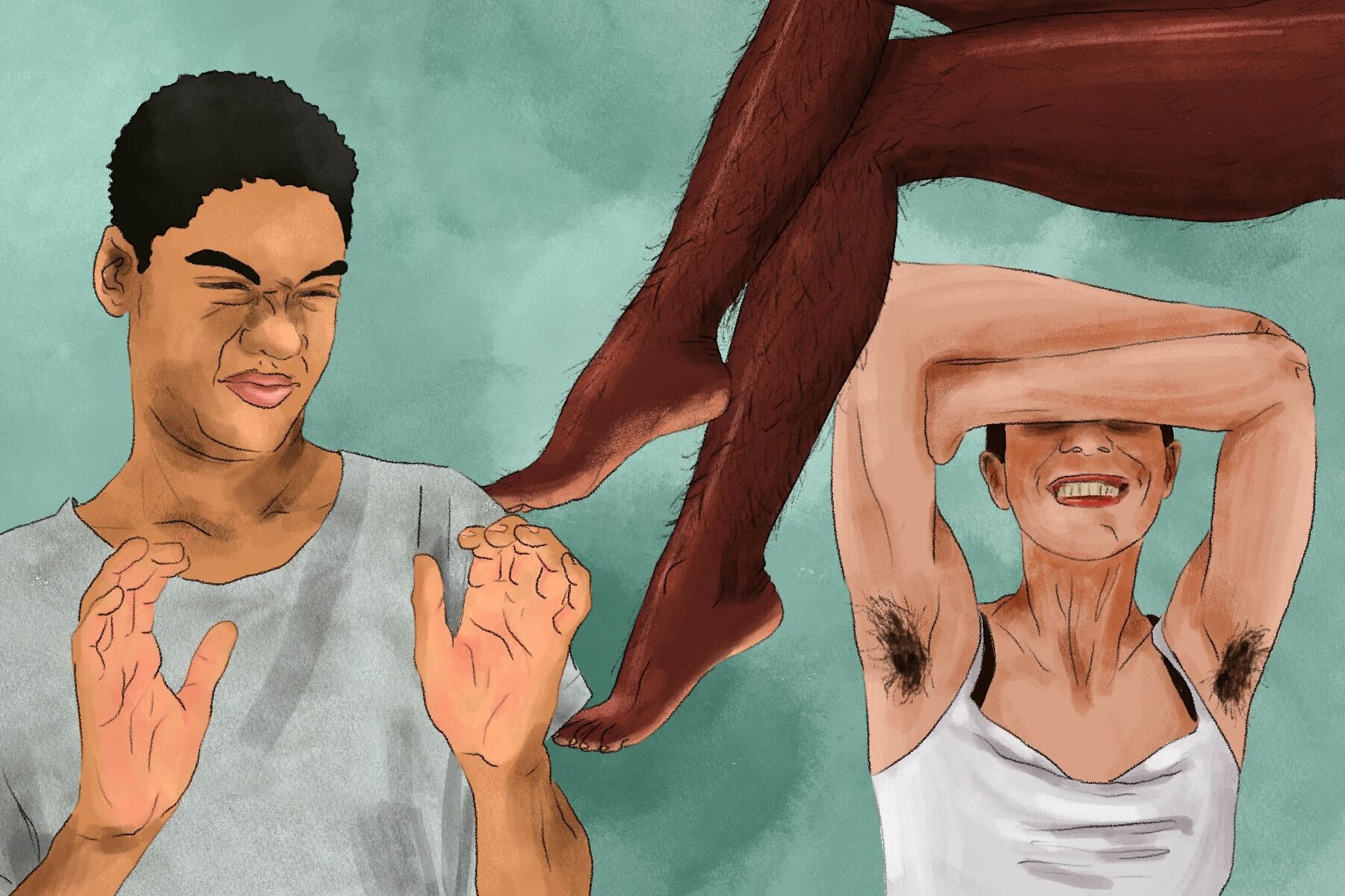 Illustration of a man looking disgusted at two women's body hair for an article about hair removal stigmas.