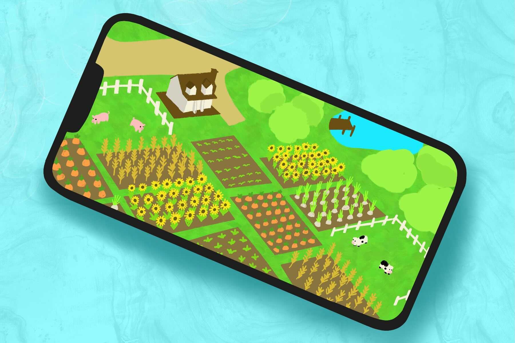 Illustration of FarmVille farming game on phone