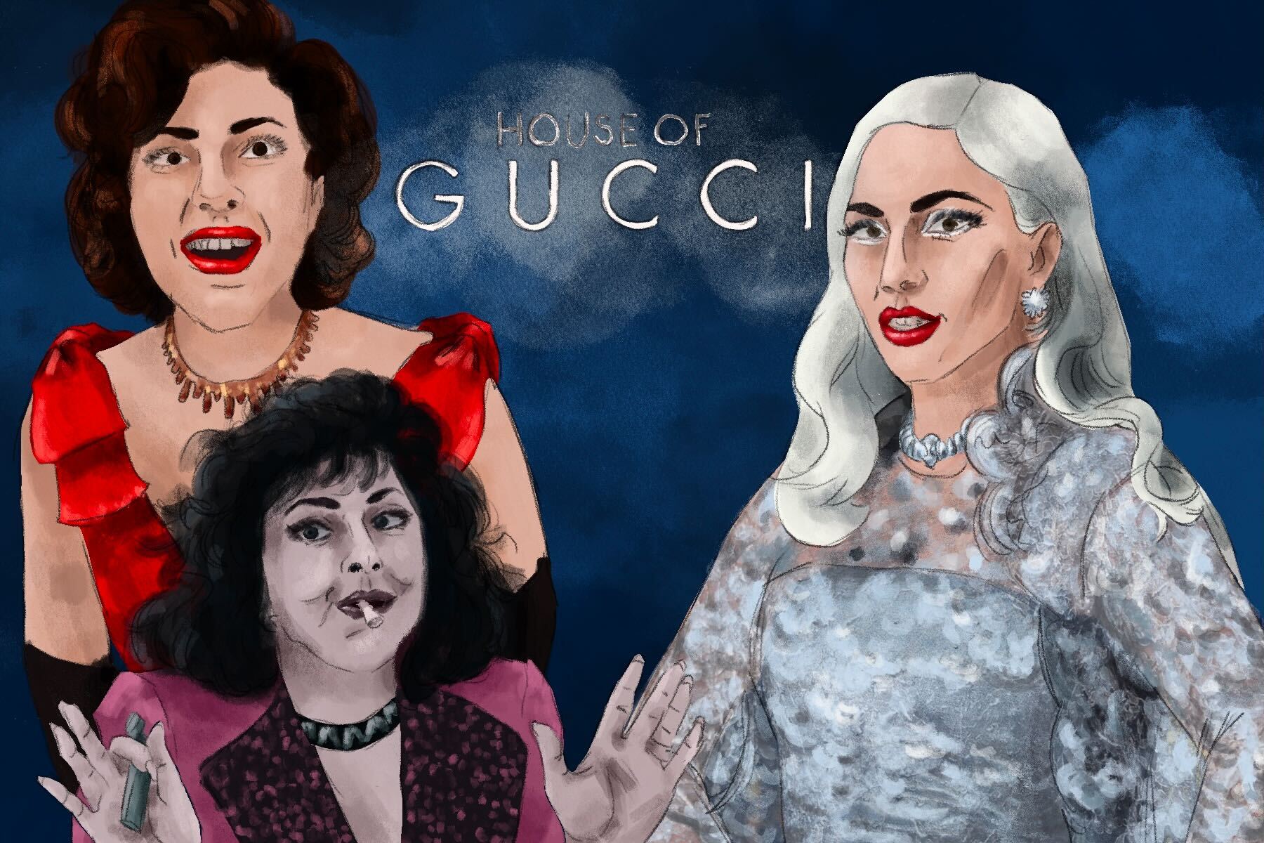 Illustration of Lady Gaga and her characters in 2021 true crime film "House of Gucci."