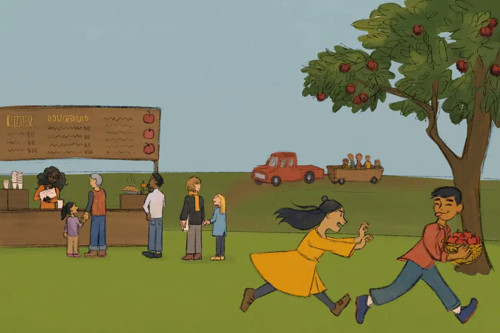 In an article about apple orchards, an illustration of children playing in an apple orchard