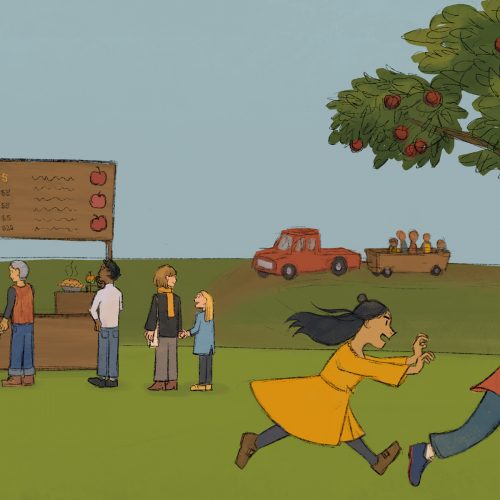 In an article about apple orchards, an illustration of children playing in an apple orchard