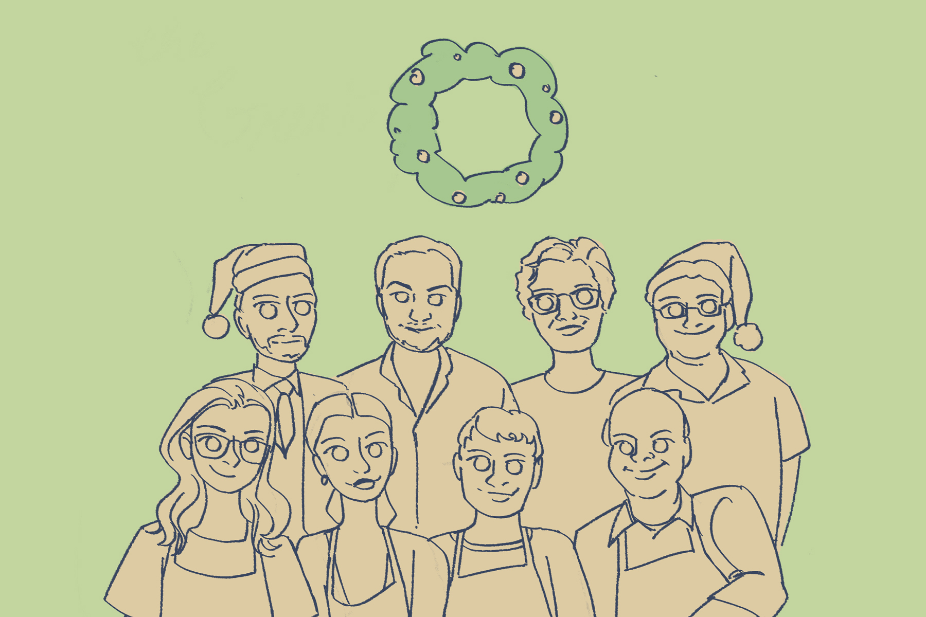Cast of The Great British Baking Show under a wreath