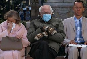 In an article about 2021 memes, Bernie Sanders in mittens inserted into the film Forrest Gump