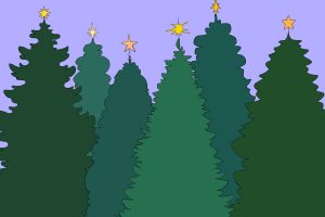 Illustration of different species of Christmas trees to choose from with star toppers on all of them.