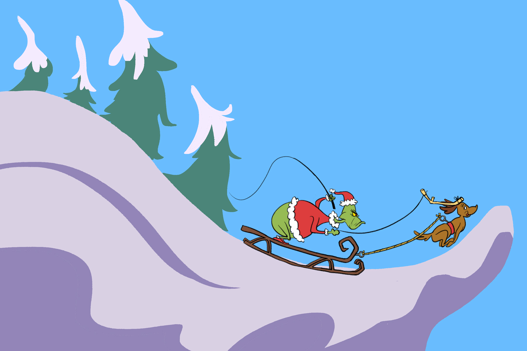 Illustration of the Grinch riding up a snowy slope with his dog Max.