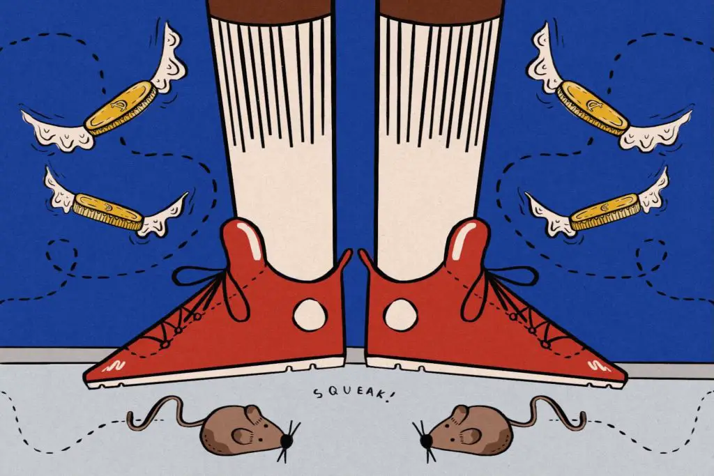 In an article about living conditions at HBCUs, an illustration of a set of legs with rats on the ground