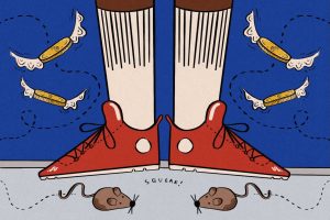 In an article about living conditions at HBCUs, an illustration of a set of legs with rats on the ground