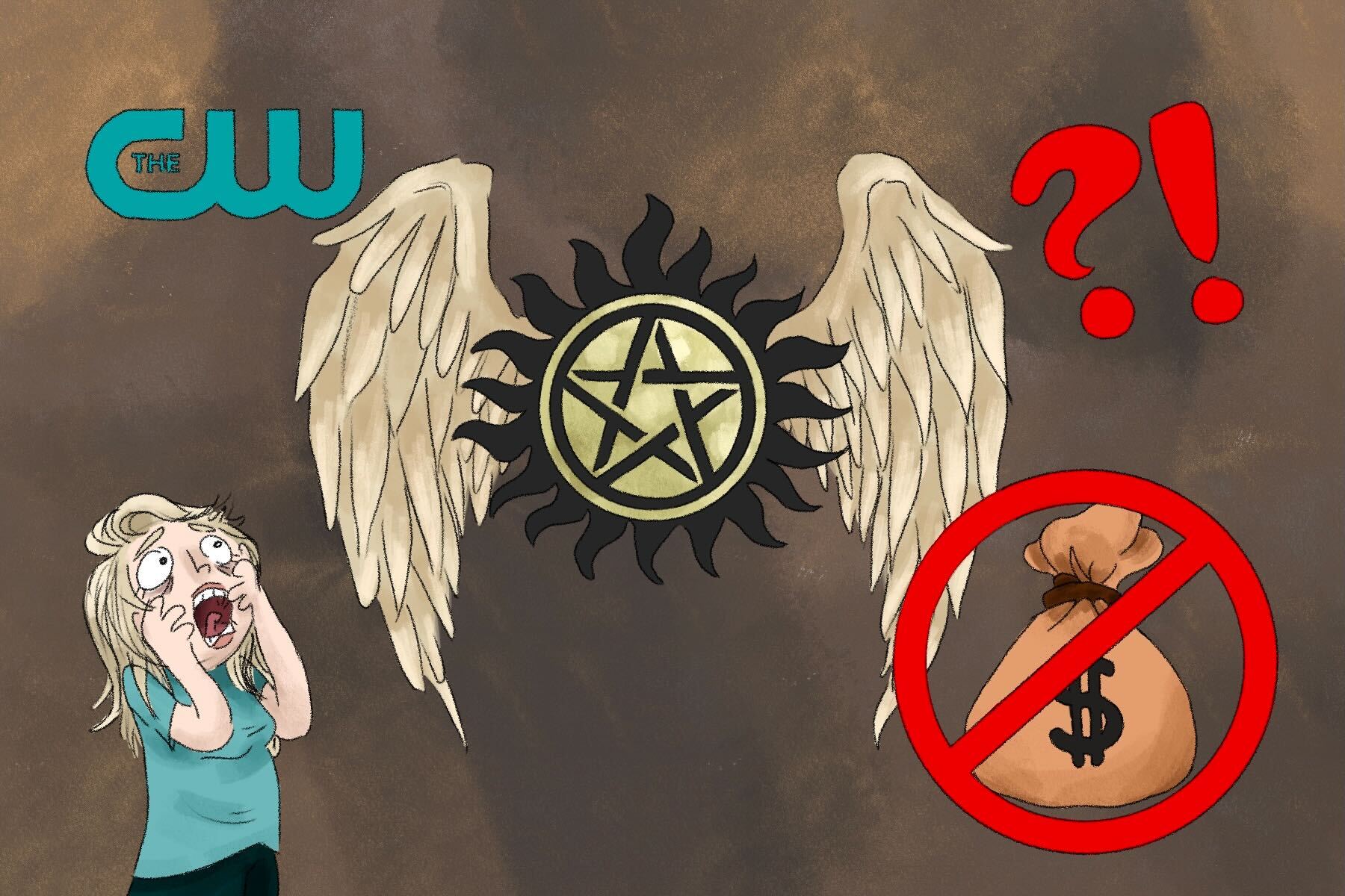 In an article about The CW bankruptcy, a pentagram with angel wings attached as a horrified viewer looks on