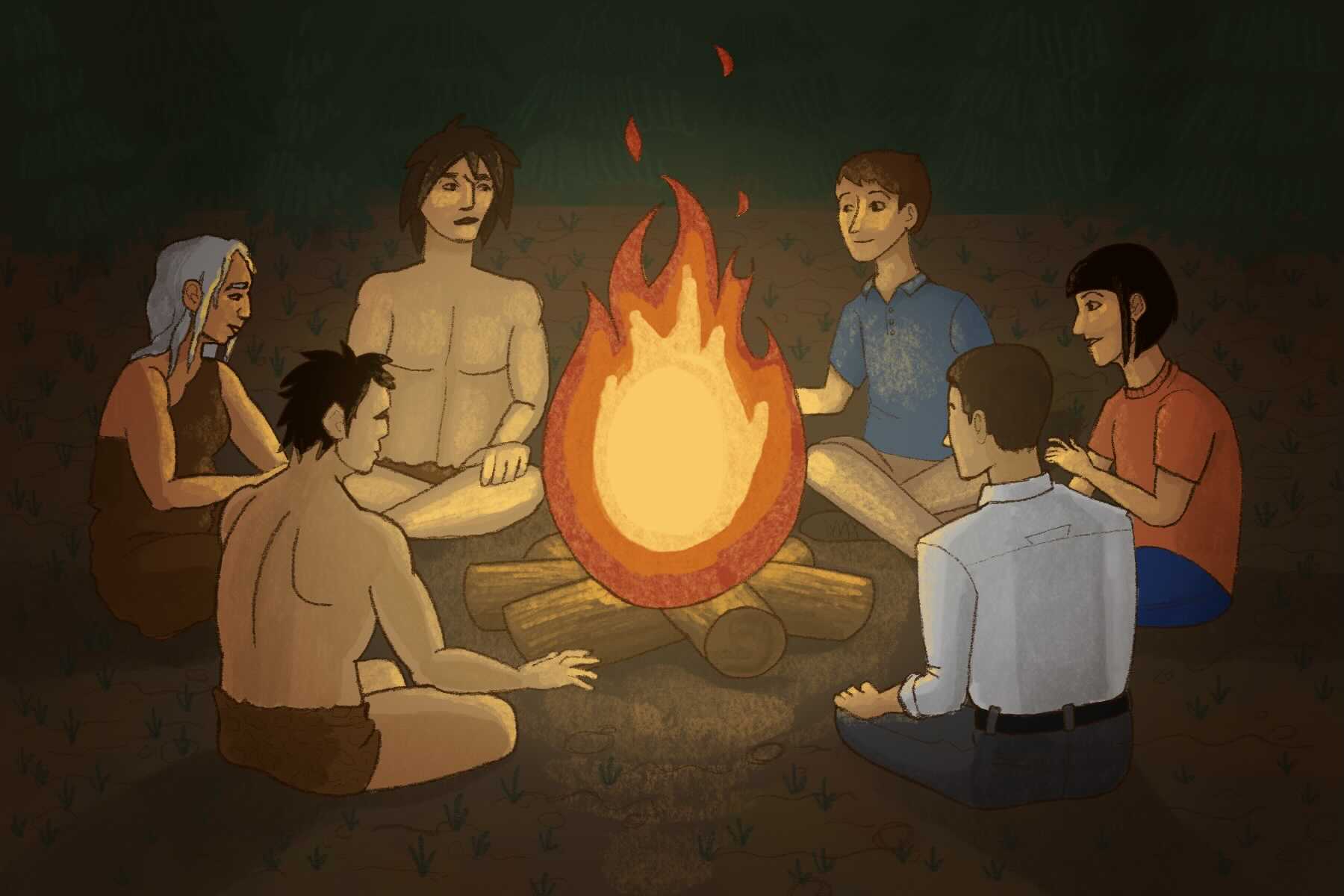 illustration of cavemen around the fire with modern-day humans
