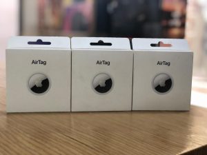 The boxes of Apple AirTags on a table