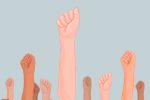 Illustration of hands raised in solidarity in an article about Activision Blizzard