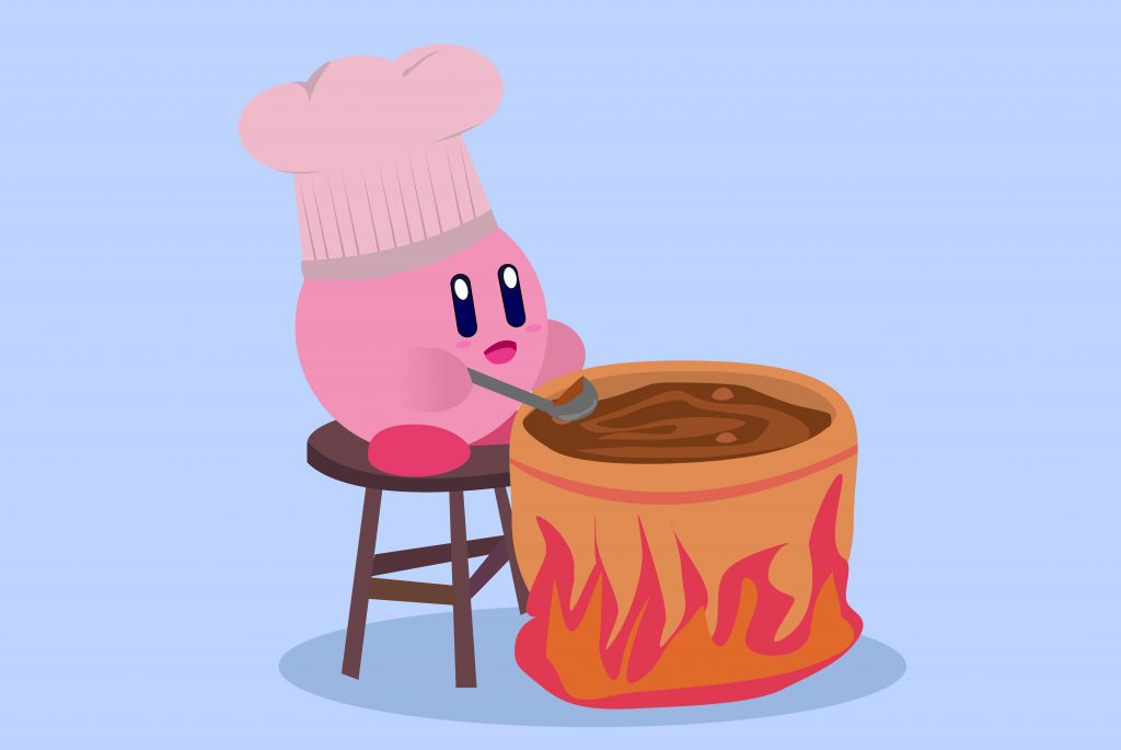 In an article about casual games, Kirby stirring a pot of stew