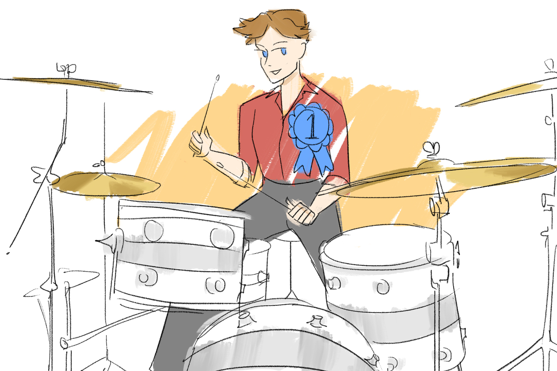 Illustration of a drummer with a "Number 1" award pinned to his shirt for the Drumeo Awards.
