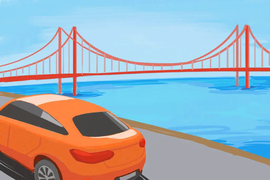 in an article about Northern California, an orange car in front of the Golden Gate Bridge