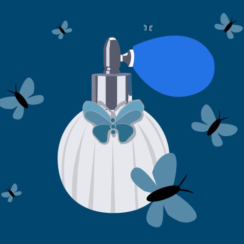 illustration of perfume bottle surrounded by butterflies