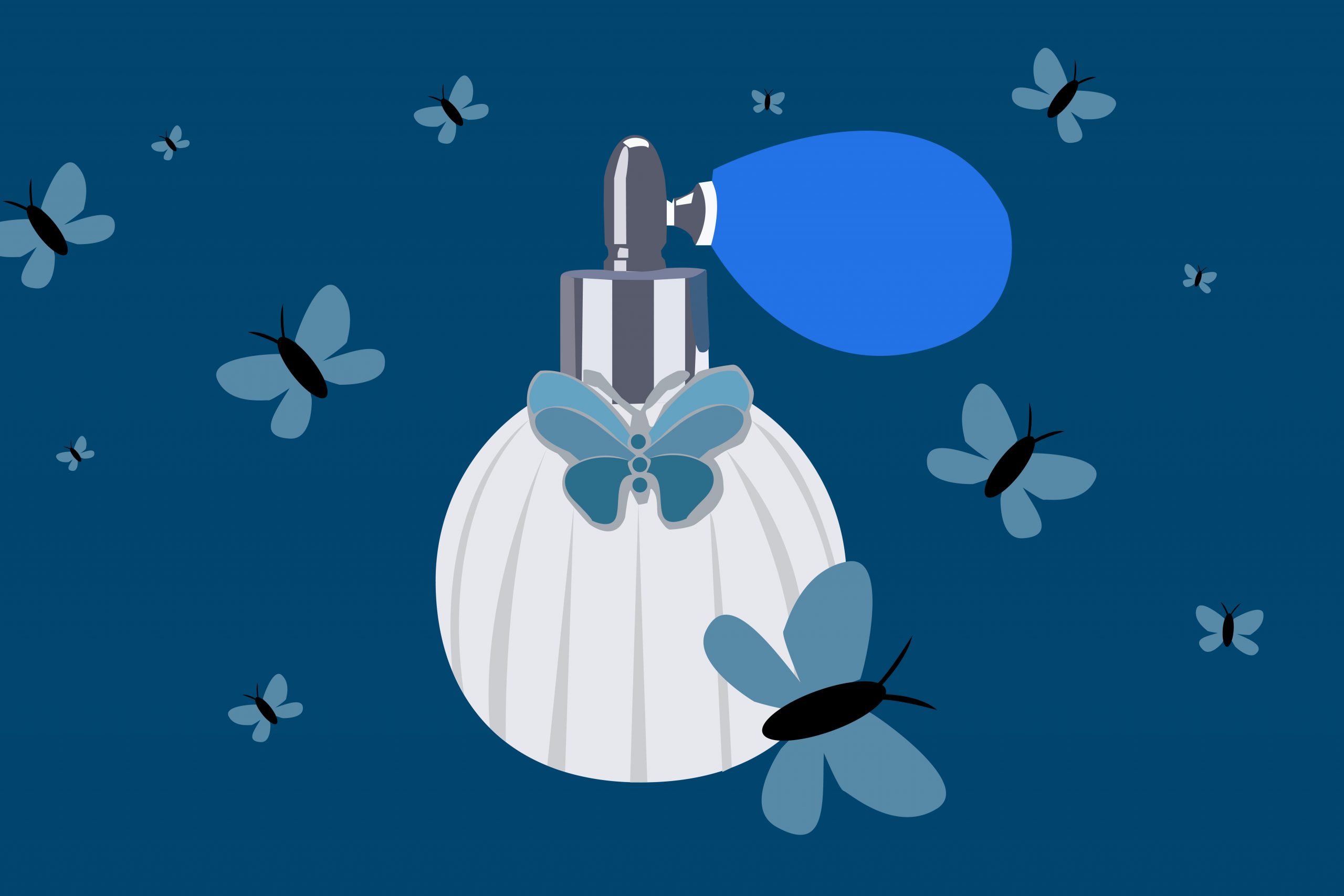 in an article about perfume commercials, an illustration of perfume bottle surrounded by butterflies