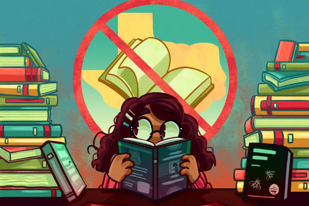 a girl is reading with a stack of books behind her; there is a banned books symbol behind her