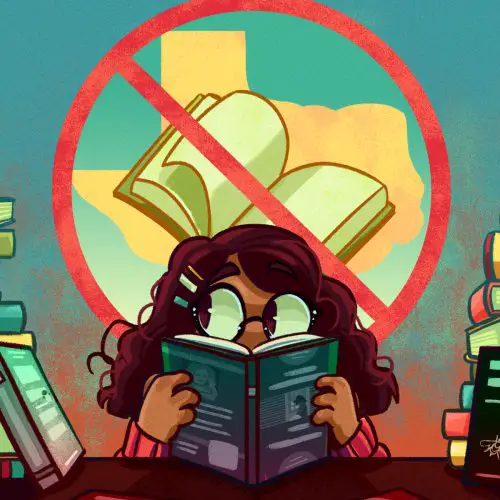 a girl is reading with a stack of books behind her; there is a banned books symbol behind her