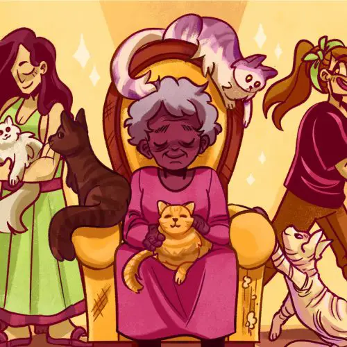 Colorful image of 3 women, also known as cat ladies, surrounded by a number of cats, all of which are extremely happy.