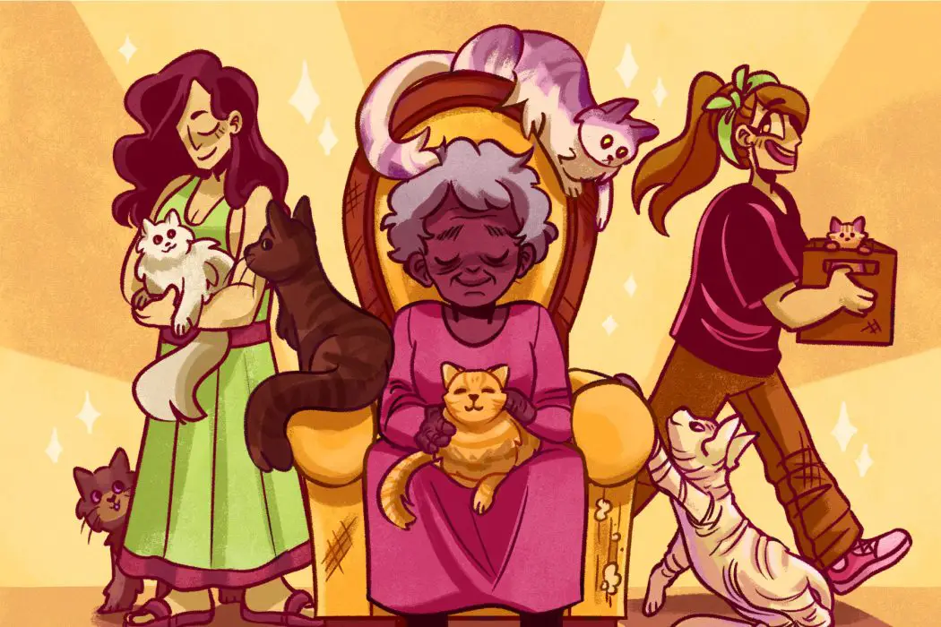 Colorful image of 3 women, also known as cat ladies, surrounded by a number of cats, all of which are extremely happy.