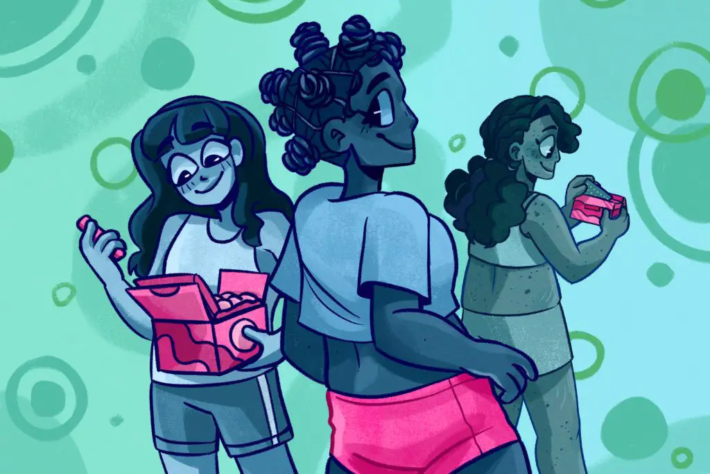Illustration of people wearing various menstrual products, subverting period stigma