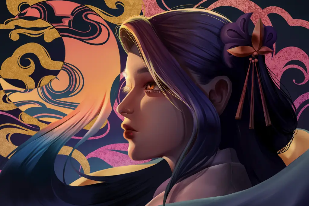 Side profile of a young woman of Asian decent portraying the heroine in Daughter of the Moon Goddess against a orange and blue swirled backdrop.
