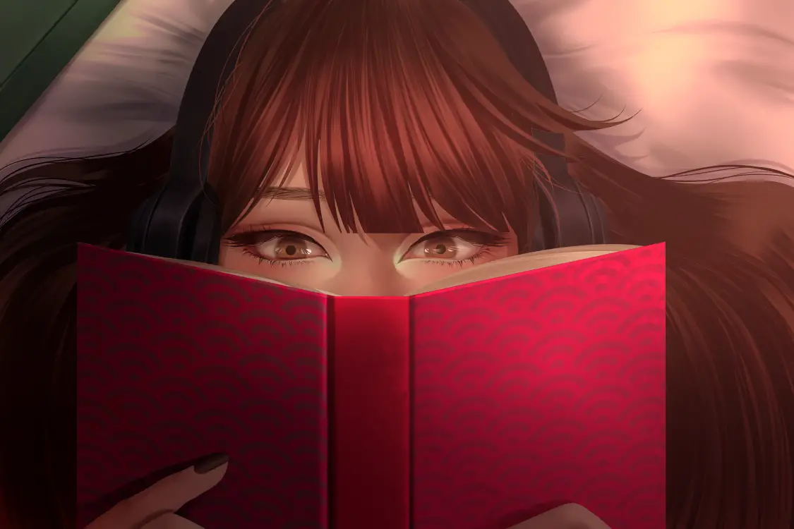 Sad girl laying back on bed while reading as she pears over book so that only her eyes show.