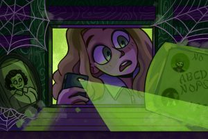 Girl explores the oddities on Elm Street, using her phone as a flashlight to look around the hidden space filled with cobwebs.