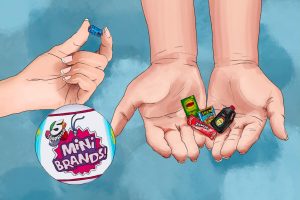 Illustration of mini brands in a pair of hands