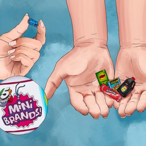 Illustration of mini brands in a pair of hands