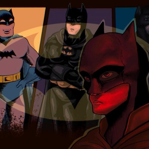 An illustration of various incarnations of Batman over the years