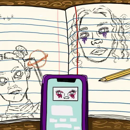 A picture of faces drawn in a high school notebook