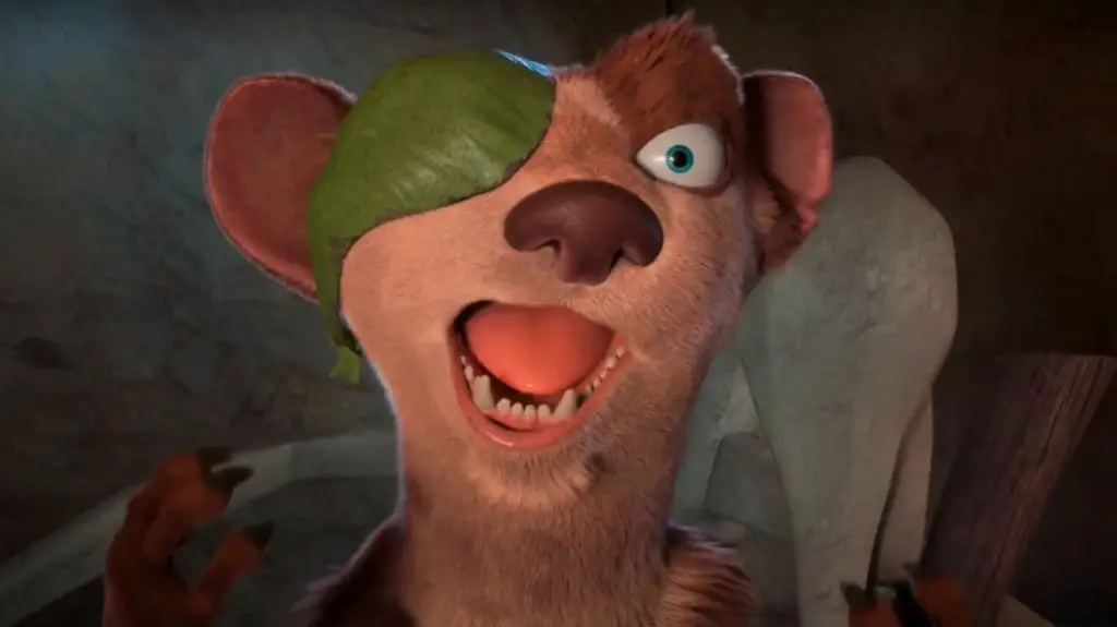 In article about Ice Age Adventures of Buck Wild, a surprised close-up of Disney's Ice Age Buck.