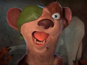 In article about Ice Age Adventures of Buck Wild, a surprised close-up of Disney's Ice Age Buck.