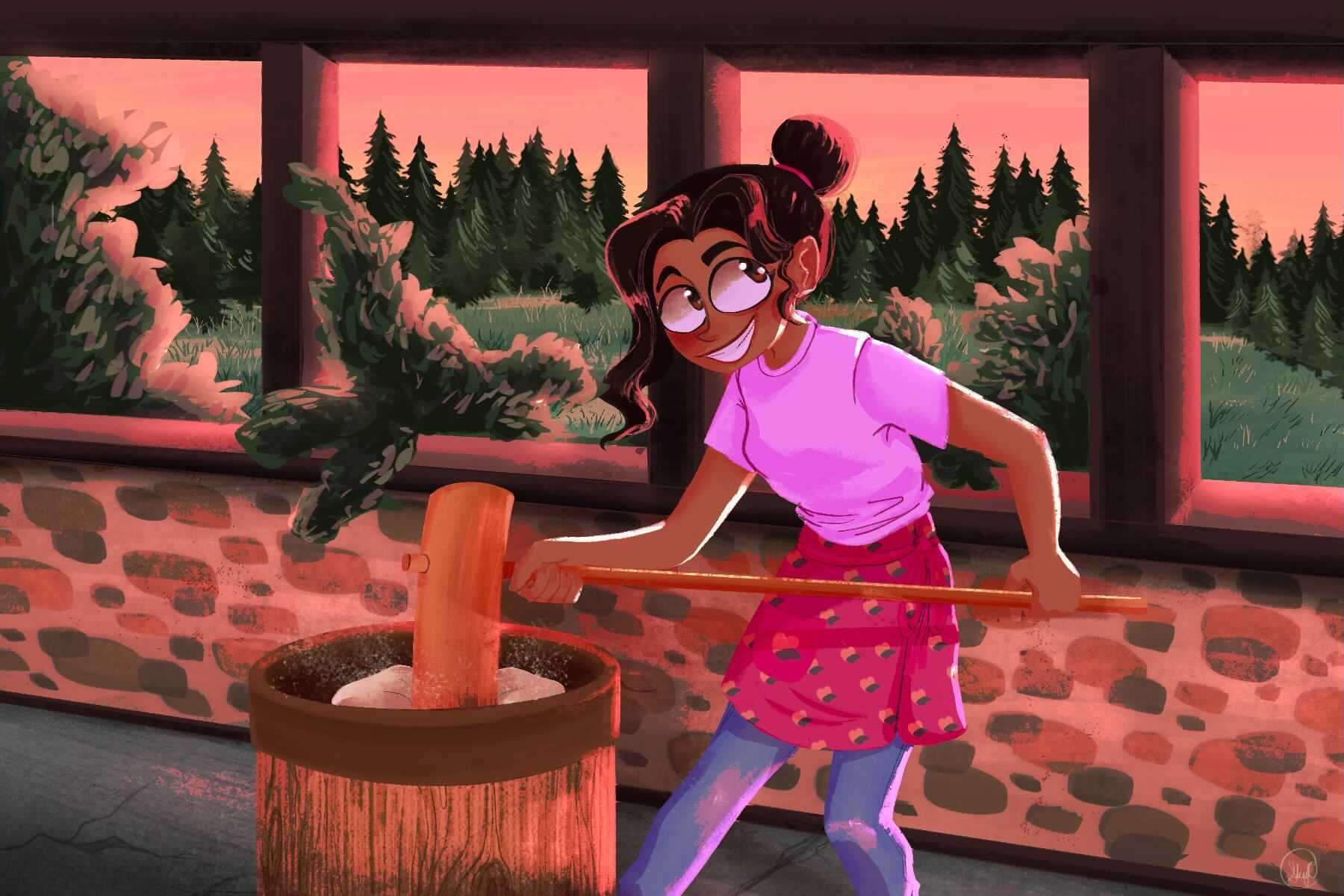 Illustration of a young girl making mochi