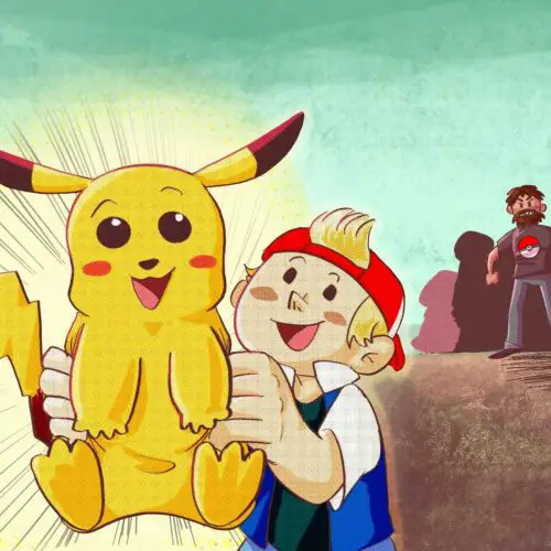 Pokemon trainer holding a Pikachu with angry fan in the background