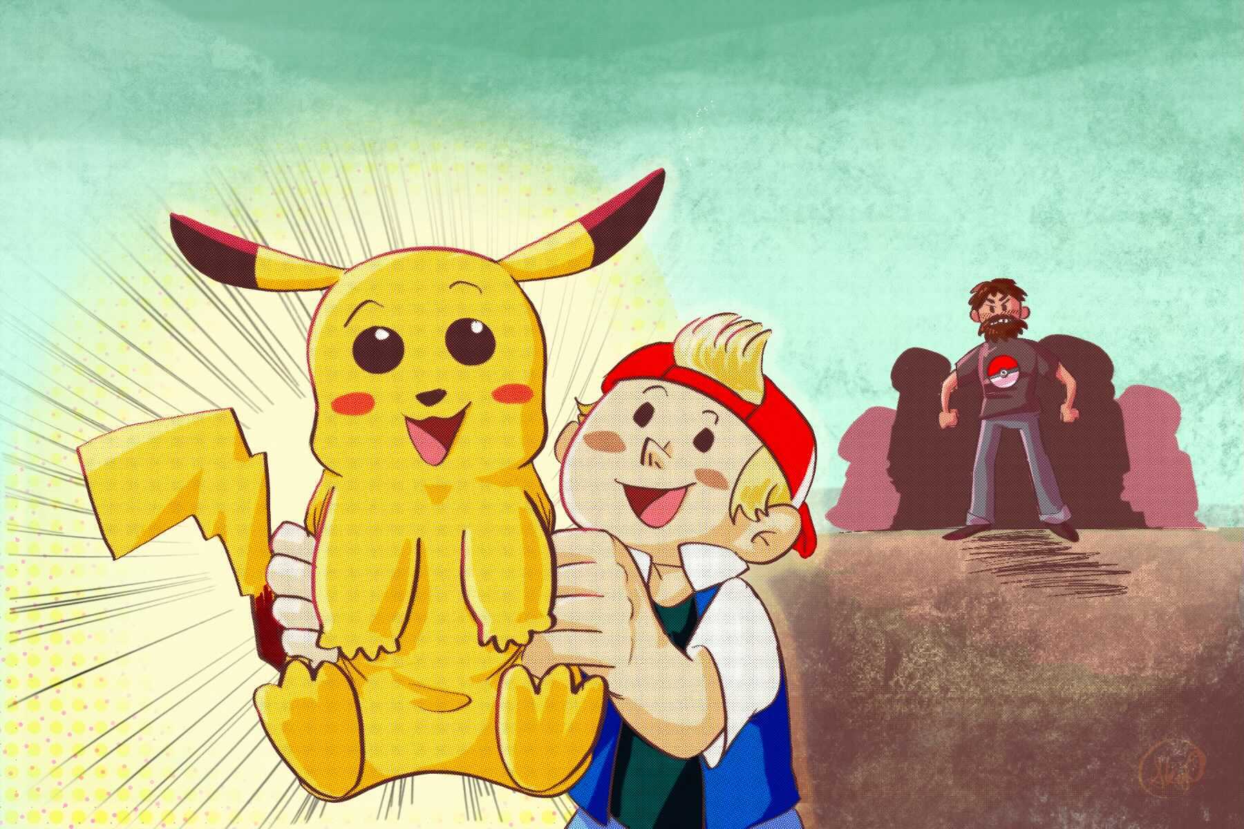 Pokemon trainer holding a Pikachu with angry fan in the background