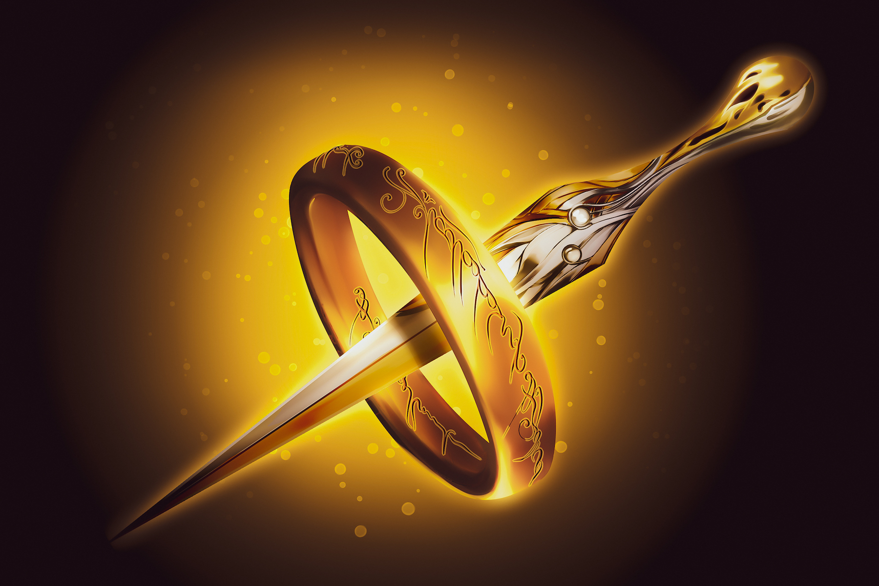An illustration of a dagger going through the rings of power