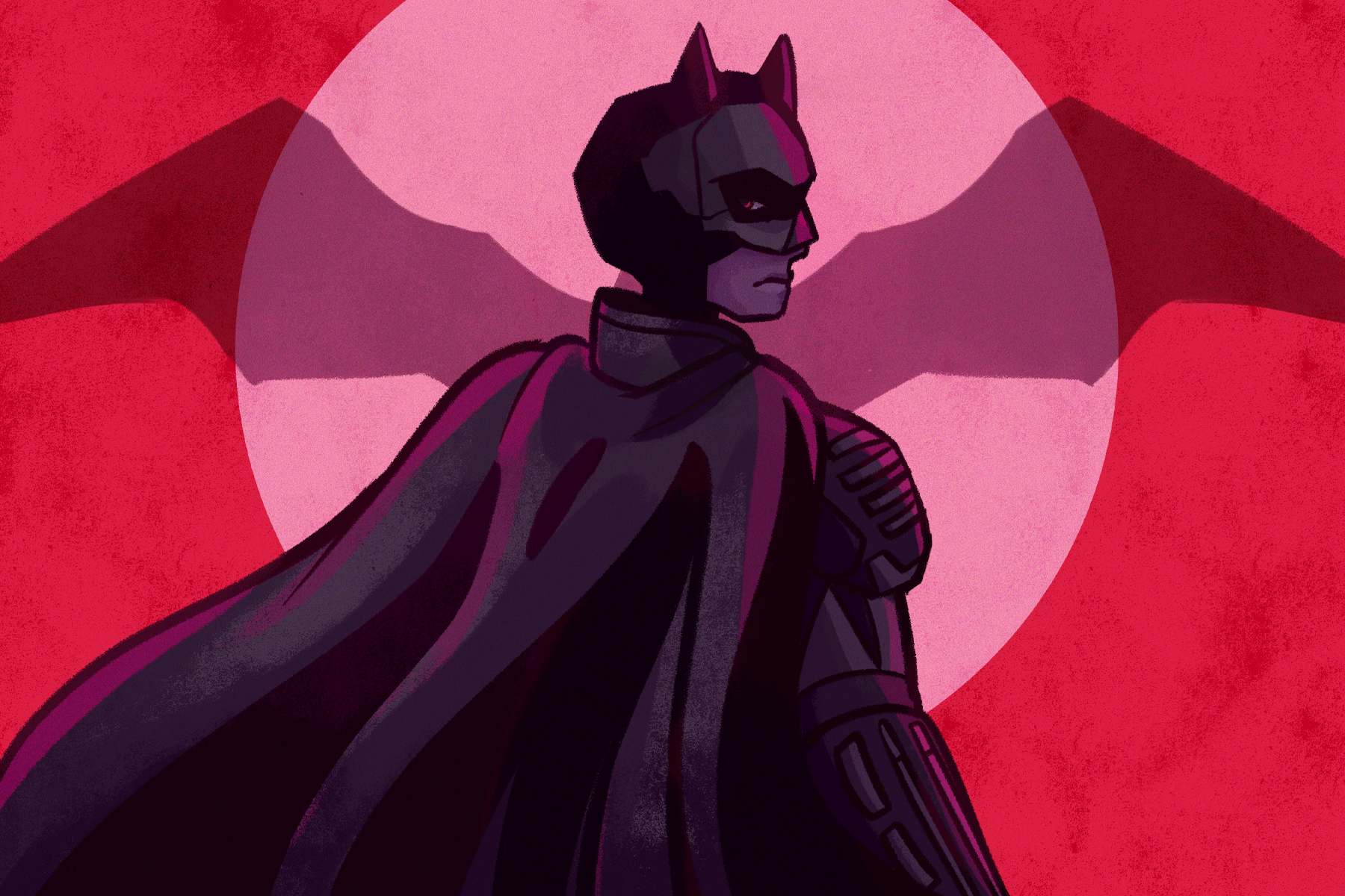 in article about The Batman, Bat symbol covering a pink moon and red sky, with Batman facing the symbol but looking over his right shoulder