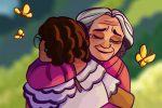 An illustration of Maribel and Alma hugging from the Disney movie, "Encanto."