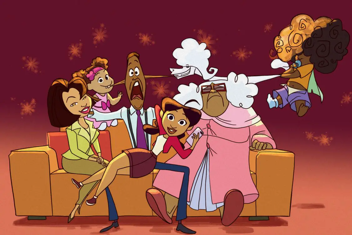 Image of all the characters from The Proud Family: Louder and Prouder sitting on a couch.