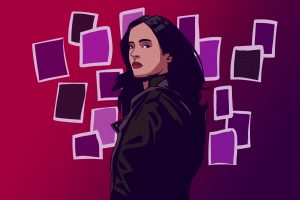 disney+ and marvel show's jessica jones picture with papers in the back