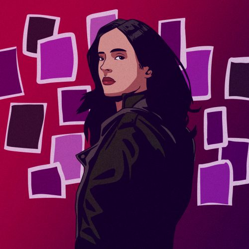 disney+ and marvel show's jessica jones picture with papers in the back