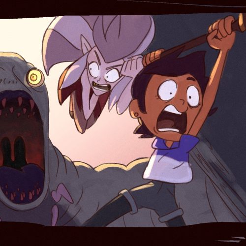A scene where 3 characters from The Owl House are screaming