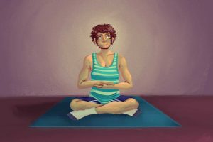 illustration of person doing meditation on a mat in an empty room; they have their hands in each other
