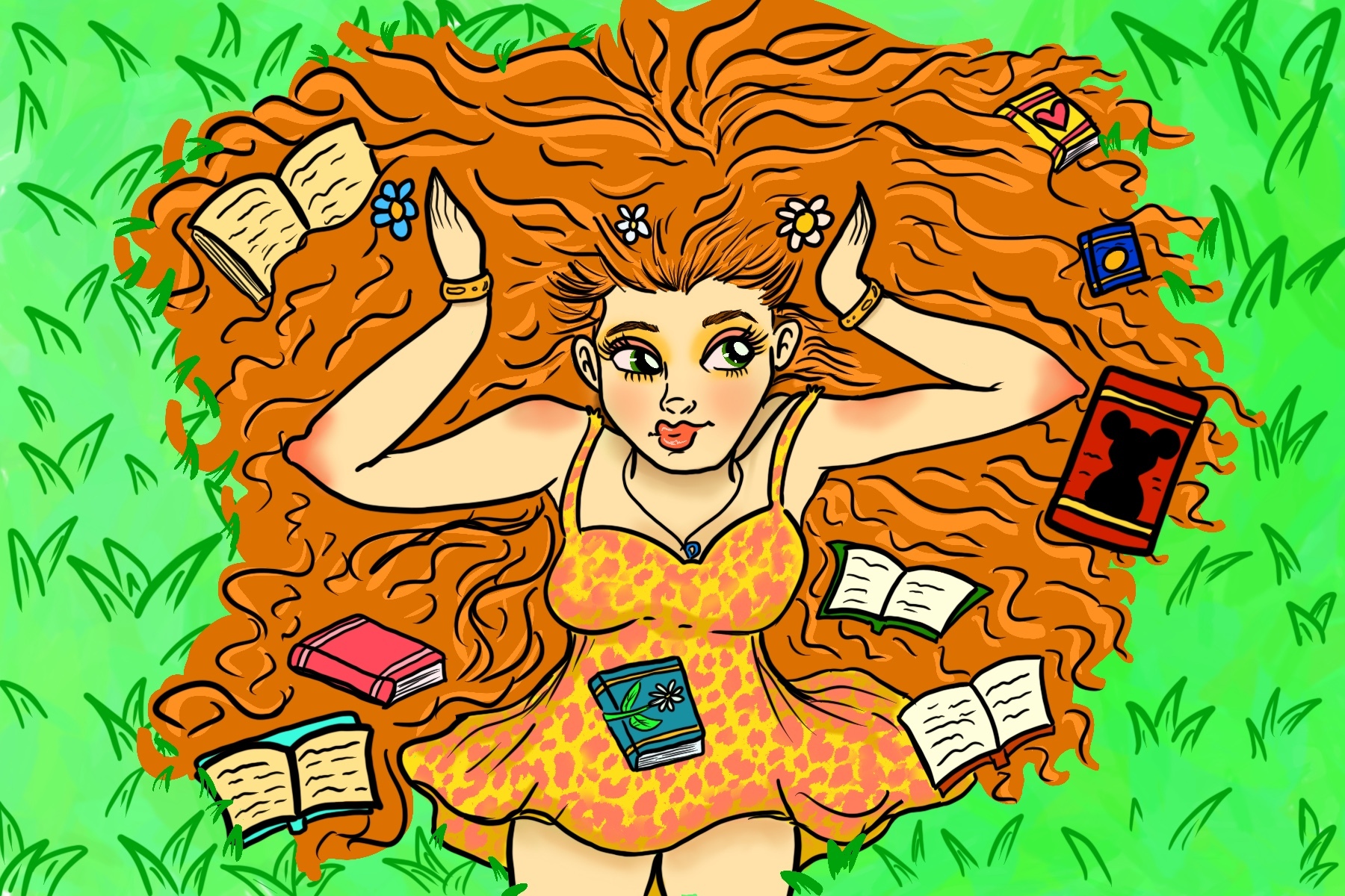A woman in a red and yellow sun dress, and long flowing hair, lays on a field of green with books scattered around her