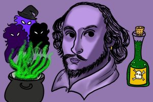 Face picture of Shakespeare with three ghostly creatures hovering next to a cauldron spewing green smoke on his left, and a bottle filled with a green poisonous potion on his right