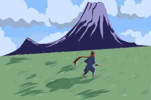 Illustration of a Pokémon trainer hiking towards a mountain in scenic Pokémon: Legends Arceus