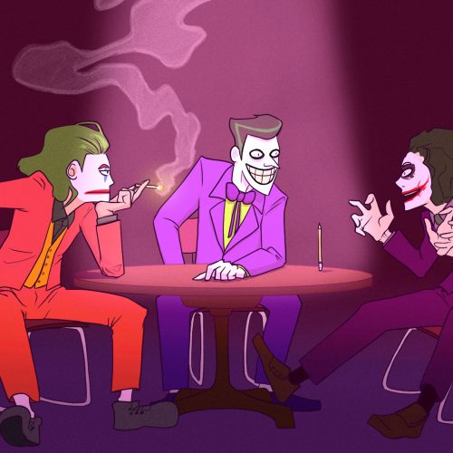 in an article about the Joker, three Jokers sitting around a table in a bar chatting
